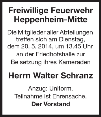 Traueranzeige von Walter Schranz von Starkenburger Echo