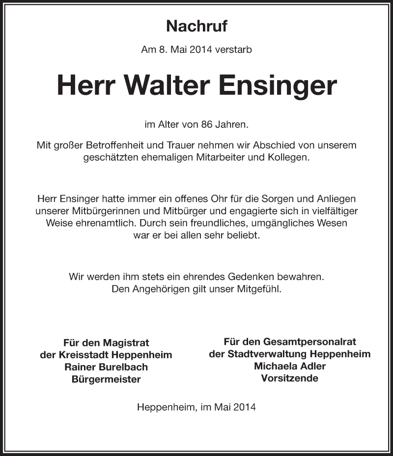  Traueranzeige für Walter Ensinger vom 19.05.2014 aus Starkenburger Echo