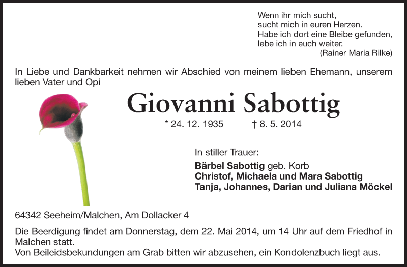  Traueranzeige für Giovanni Sabottig vom 19.05.2014 aus Echo-Zeitungen (Gesamtausgabe)