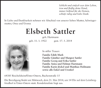 Traueranzeige von Elsbeth Sattler von Odenwälder Echo