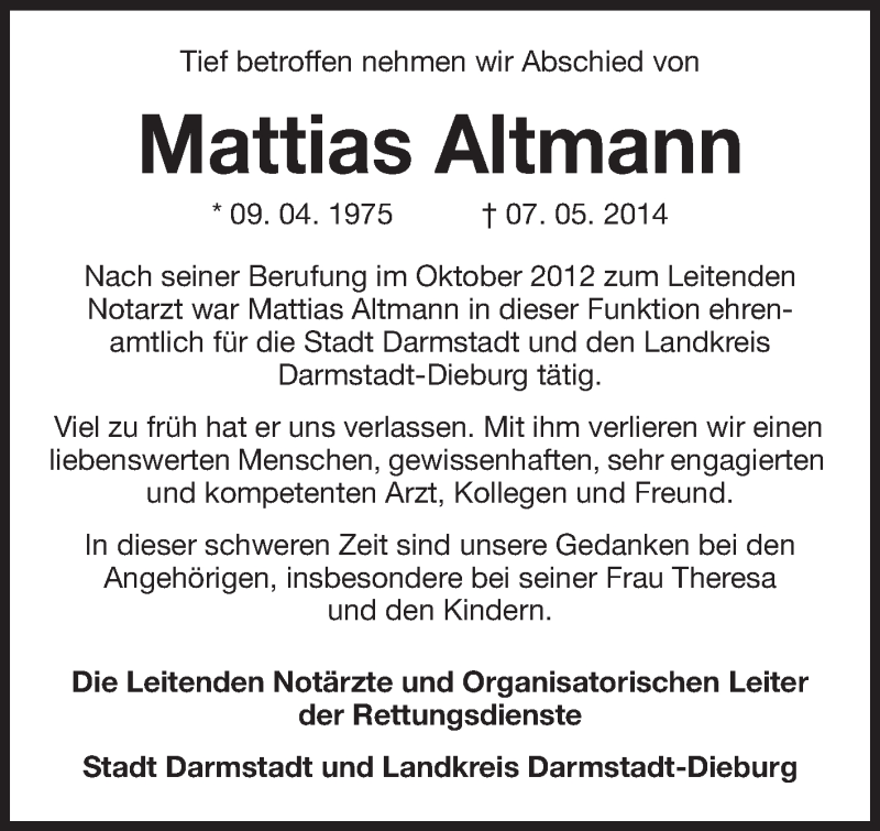  Traueranzeige für Matthias Altmann vom 20.05.2014 aus Echo-Zeitungen (Gesamtausgabe)