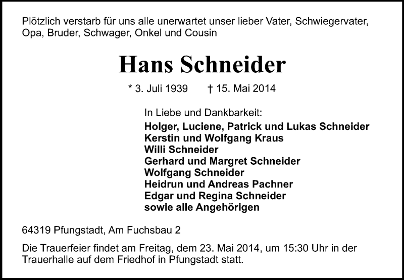  Traueranzeige für Hans Schneider vom 21.05.2014 aus Echo-Zeitungen (Gesamtausgabe)