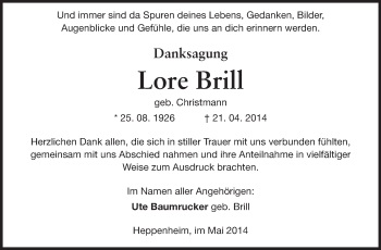 Traueranzeige von Lore Brill von Starkenburger Echo