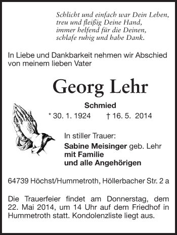 Traueranzeige von Georg Lehr von Odenwälder Echo