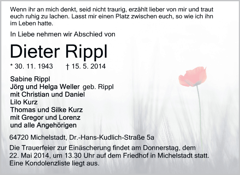  Traueranzeige für Dieter Rippl vom 20.05.2014 aus Odenwälder Echo