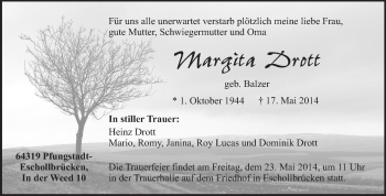 Traueranzeige von Margita Drott von Echo-Zeitungen (Gesamtausgabe)