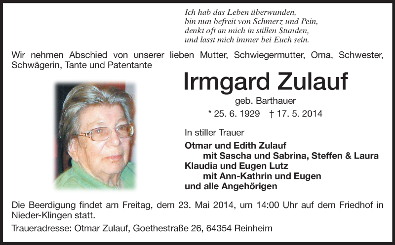  Traueranzeige für Irmgard ZUlauf vom 21.05.2014 aus Echo-Zeitungen (Gesamtausgabe)