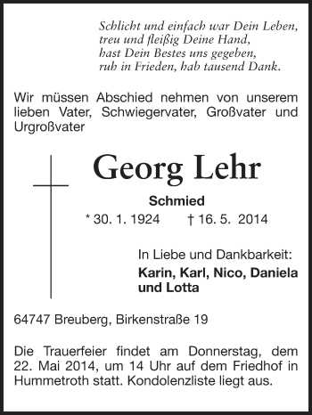 Traueranzeige von Georg Lehr von Odenwälder Echo