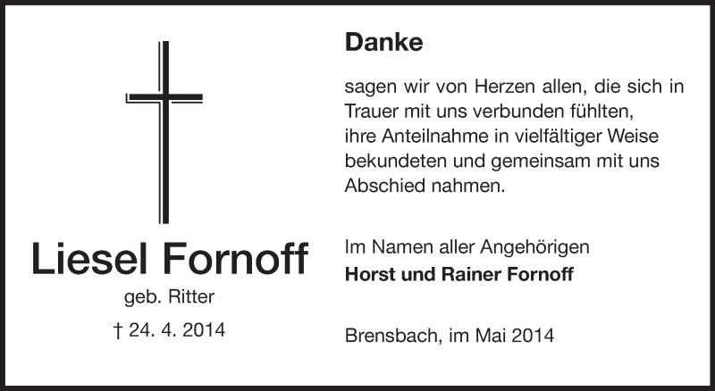  Traueranzeige für Liesel Fornoff vom 24.05.2014 aus Echo-Zeitungen (Gesamtausgabe)