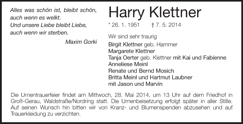  Traueranzeige für Harry Klettner vom 24.05.2014 aus Echo-Zeitungen (Gesamtausgabe)