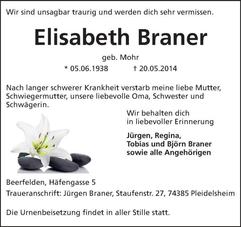  Traueranzeige für Elisabeth Braner vom 22.05.2014 aus Odenwälder Echo
