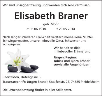 Traueranzeige von Elisabeth Braner von Odenwälder Echo