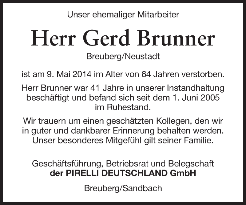  Traueranzeige für Gerd Brunner vom 22.05.2014 aus Odenwälder Echo