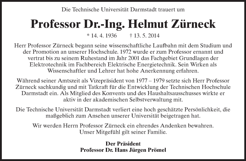  Traueranzeige für Helmut Zürneck vom 21.05.2014 aus Echo-Zeitungen (Gesamtausgabe)