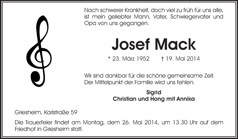  Traueranzeige für Josef Mack vom 24.05.2014 aus Echo-Zeitungen (Gesamtausgabe)
