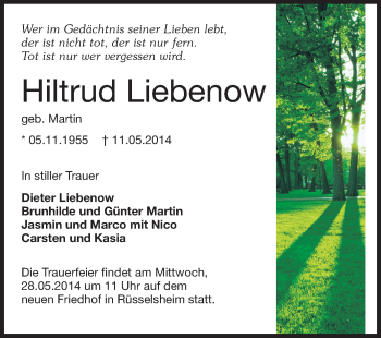 Traueranzeige von Hiltrud Liebenow von Rüsselsheimer Echo, Groß-Gerauer-Echo, Ried Echo