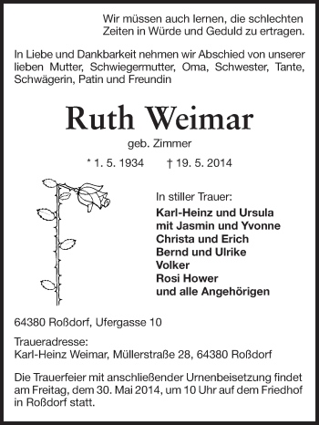 Traueranzeige von Ruth Weimar von Echo-Zeitungen (Gesamtausgabe)