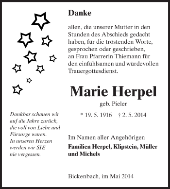 Traueranzeige von Marie Herpel von Echo-Zeitungen (Gesamtausgabe)