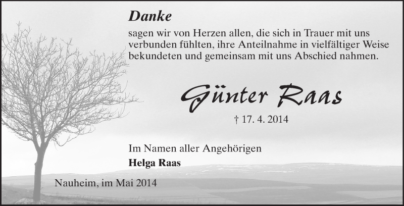  Traueranzeige für Günter Raas vom 23.05.2014 aus Rüsselsheimer Echo, Groß-Gerauer-Echo, Ried Echo