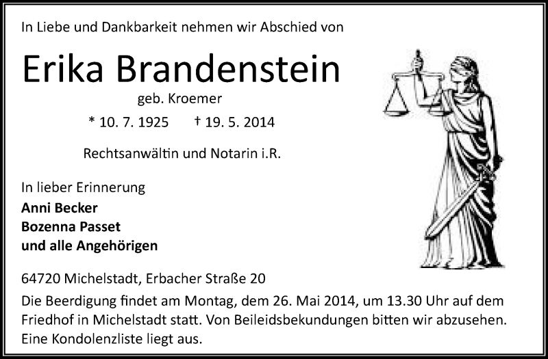  Traueranzeige für Erika Brandenstein vom 22.05.2014 aus Odenwälder Echo