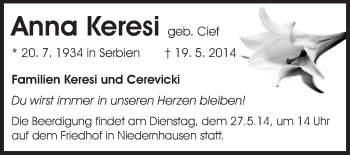 Traueranzeige von Anna Keresi von Echo-Zeitungen (Gesamtausgabe)