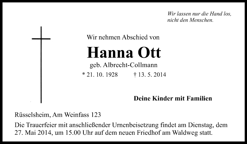  Traueranzeige für Hanna Ott vom 24.05.2014 aus Rüsselsheimer Echo, Groß-Gerauer-Echo, Ried Echo