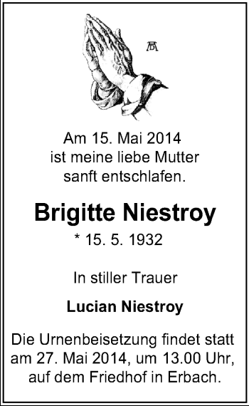 Traueranzeige von Brigitte Niestroy von Odenwälder Echo
