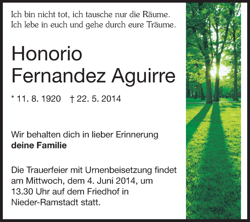  Traueranzeige für Honorio Fernandez Aguirre vom 31.05.2014 aus Echo-Zeitungen (Gesamtausgabe)