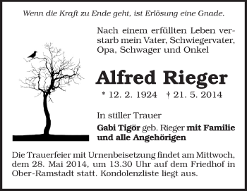 Traueranzeige von Alfred Rieger von Echo-Zeitungen (Gesamtausgabe)