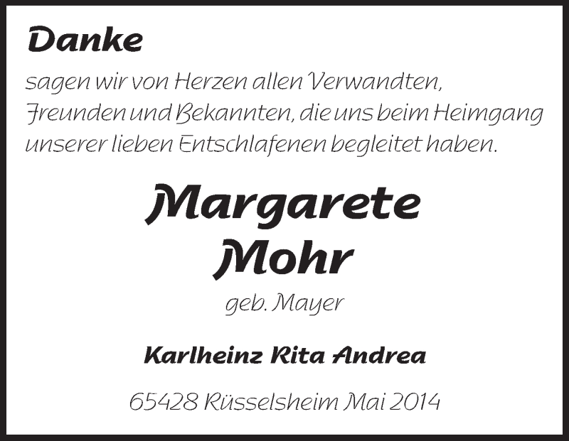  Traueranzeige für Margarete Mohr vom 24.05.2014 aus Echo-Zeitungen (Gesamtausgabe)