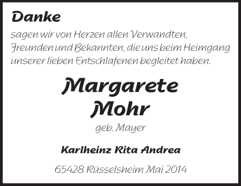 Traueranzeige von Margarete Mohr von Echo-Zeitungen (Gesamtausgabe)