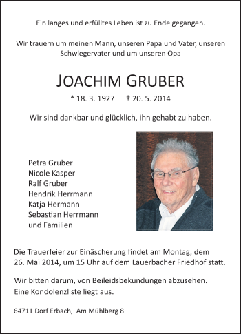 Traueranzeige von Joachim Gruber von Odenwälder Echo