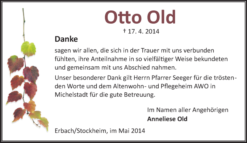  Traueranzeige für Otto Old vom 24.05.2014 aus Odenwälder Echo