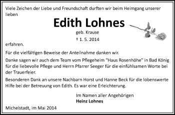 Traueranzeige von Edith Lohnes von Odenwälder Echo