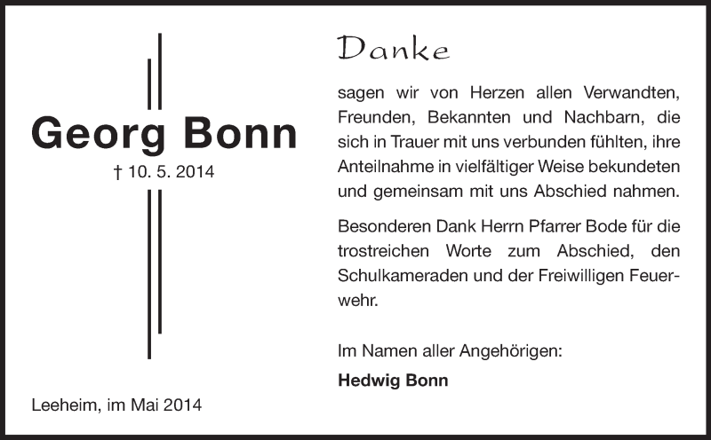  Traueranzeige für Georg Bonn vom 24.05.2014 aus Rüsselsheimer Echo, Groß-Gerauer-Echo, Ried Echo