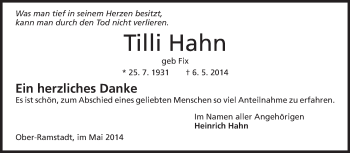 Traueranzeige von Tilli Hahn von Echo-Zeitungen (Gesamtausgabe)