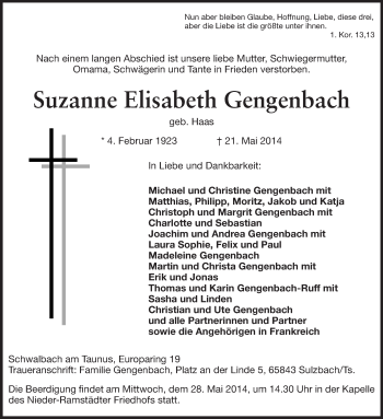 Traueranzeige von Suzanne Elisabeth Gengenbach von Echo-Zeitungen (Gesamtausgabe)
