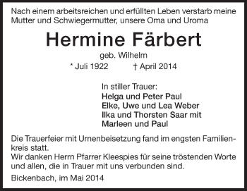 Traueranzeige von Hermine Färbert von Echo-Zeitungen (Gesamtausgabe)