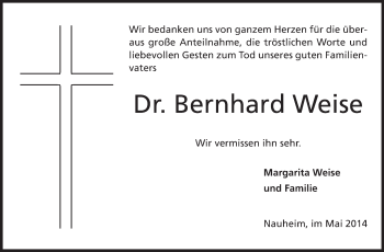 Traueranzeige von Bernhard Weise von Rüsselsheimer Echo, Groß-Gerauer-Echo, Ried Echo