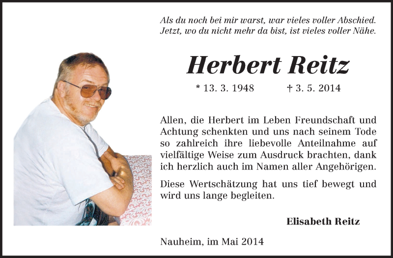  Traueranzeige für Herbert Reitz vom 31.05.2014 aus Rüsselsheimer Echo, Groß-Gerauer-Echo, Ried Echo