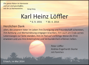 Traueranzeige von Karl Heinz Löffler von Odenwälder Echo