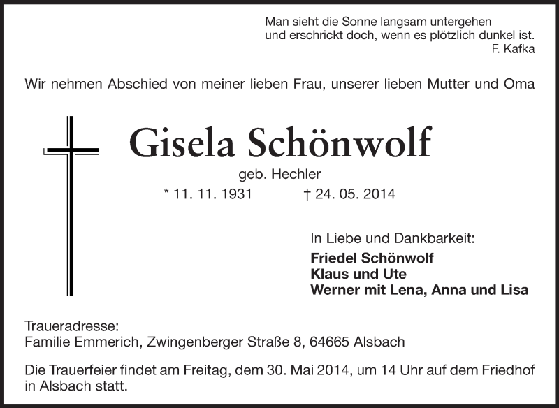  Traueranzeige für Gisela Schönwolf vom 27.05.2014 aus Echo-Zeitungen (Gesamtausgabe)