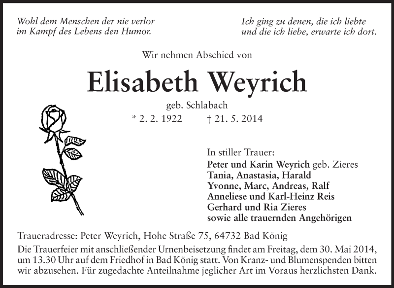  Traueranzeige für Elisabeth Weyrich vom 28.05.2014 aus Odenwälder Echo
