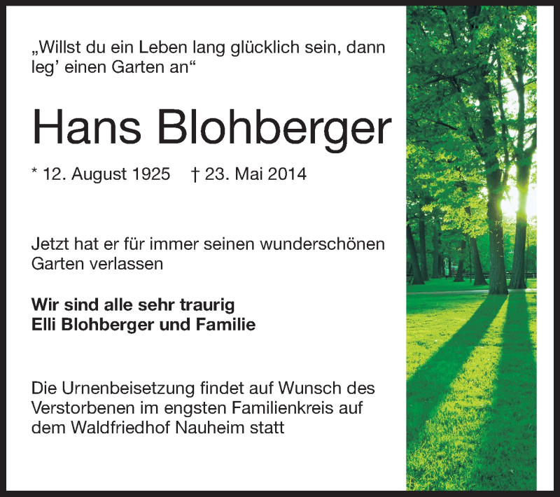  Traueranzeige für Hans Blohberger vom 28.05.2014 aus Rüsselsheimer Echo, Groß-Gerauer-Echo, Ried Echo