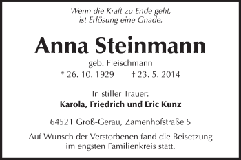 Traueranzeige von Anna Steinmann von Rüsselsheimer Echo, Groß-Gerauer-Echo, Ried Echo