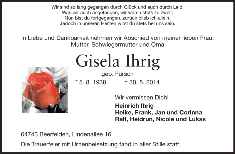  Traueranzeige für Gisela Ihrig vom 28.05.2014 aus Odenwälder Echo