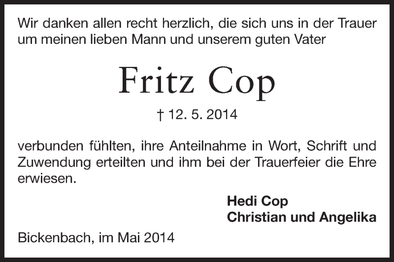  Traueranzeige für Fritz Cop vom 31.05.2014 aus Echo-Zeitungen (Gesamtausgabe)