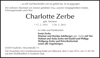 Traueranzeige von Charlotte Zerbe von Rüsselsheimer Echo, Groß-Gerauer-Echo, Ried Echo