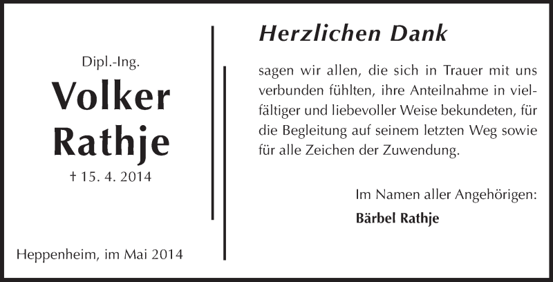  Traueranzeige für Volker Rathje vom 30.05.2014 aus Starkenburger Echo, Bergsträßer Anzeiger