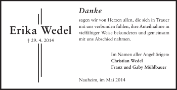 Traueranzeige von Erika Wedel von Rüsselsheimer Echo, Groß-Gerauer-Echo, Ried Echo